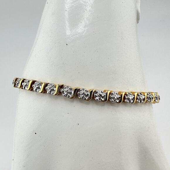 Real Diamond Chip Prime Art & Jewel Gold Plated Two Tone Tennis 7” Bracelet - Picture 2 of 9